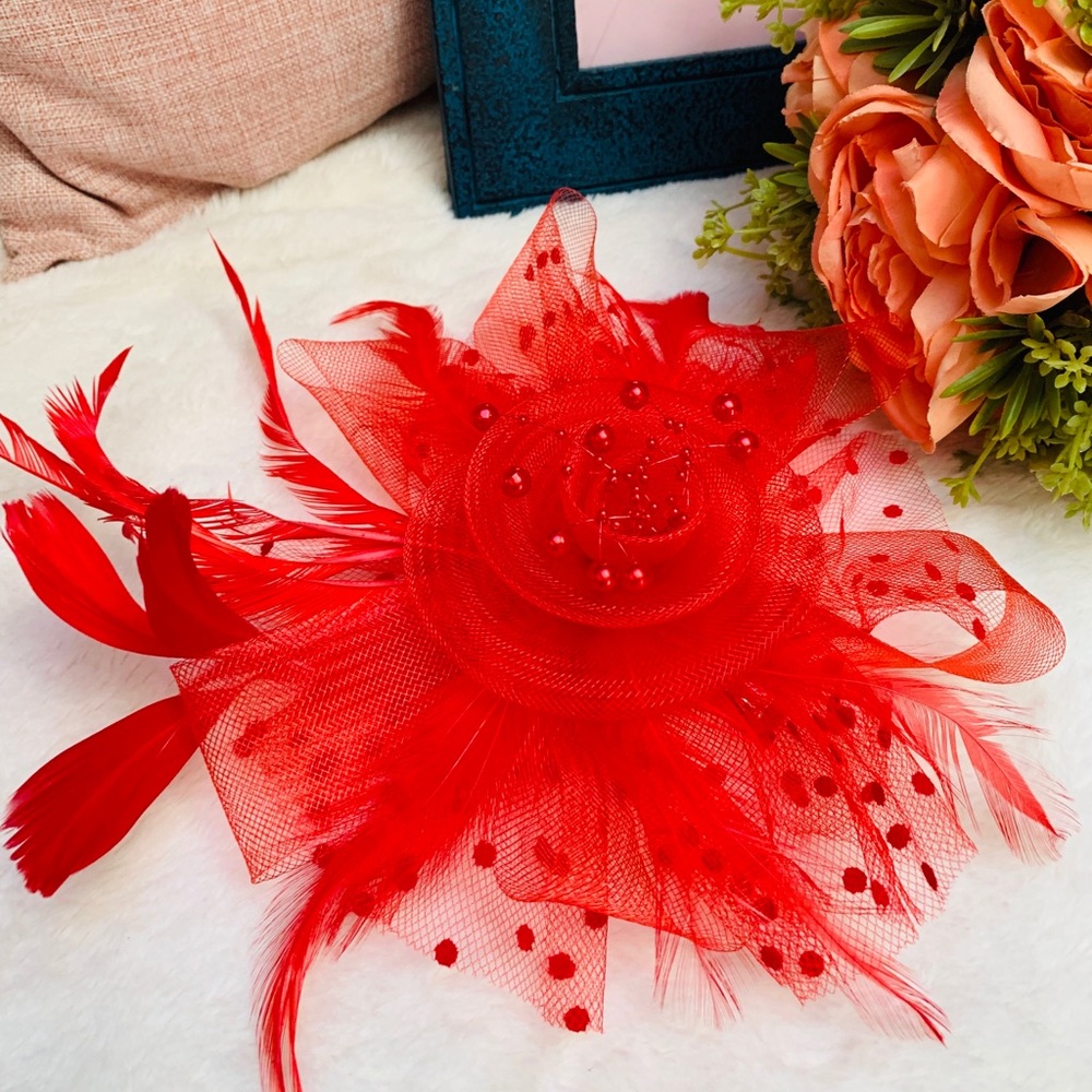 Red Feather Mesh Flower Head Piece